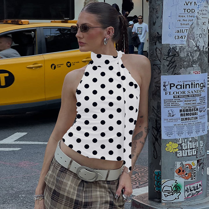 Damen asymmetrisches Polka-Dot-Top mit hohen Schnittlinien und elegantem Halterdesign Drune