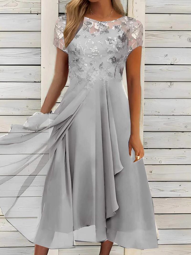 Damen nan fließendes Chiffon-Midikleid mit blumenbesticktem Oberteil und asymmetrischem Stufenrock Drune
