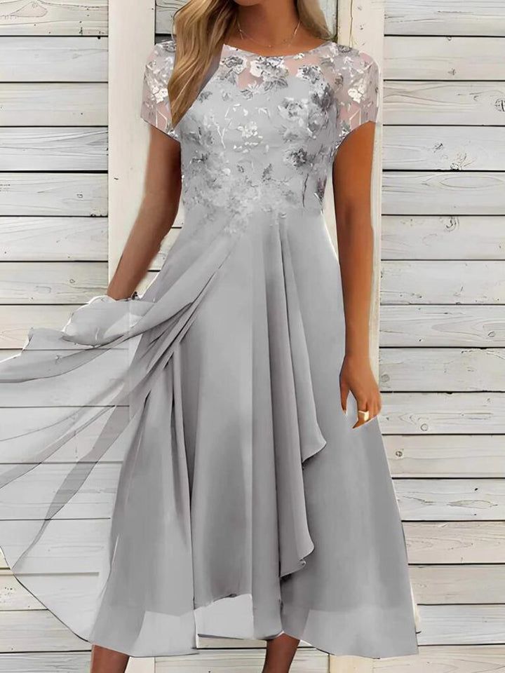 Damen nan fließendes Chiffon-Midikleid mit blumenbesticktem Oberteil und asymmetrischem Stufenrock Drune