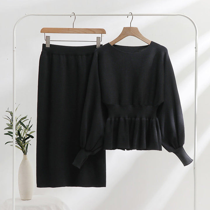 Damen modisches Strick-Loungewear-Set mit gerafftem Oberteil und midi Rock Drune