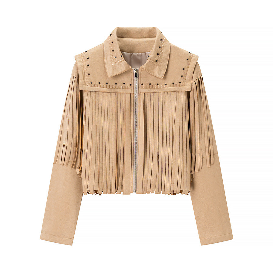 Damen Fransenjacke aus Wildlederimitat mit Zipper und stilvollen Applikationen Drune