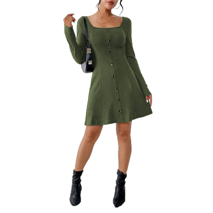Damen Knopfleiste Kleid mit langem Arm und Quadrat-Ausschnitt Drune