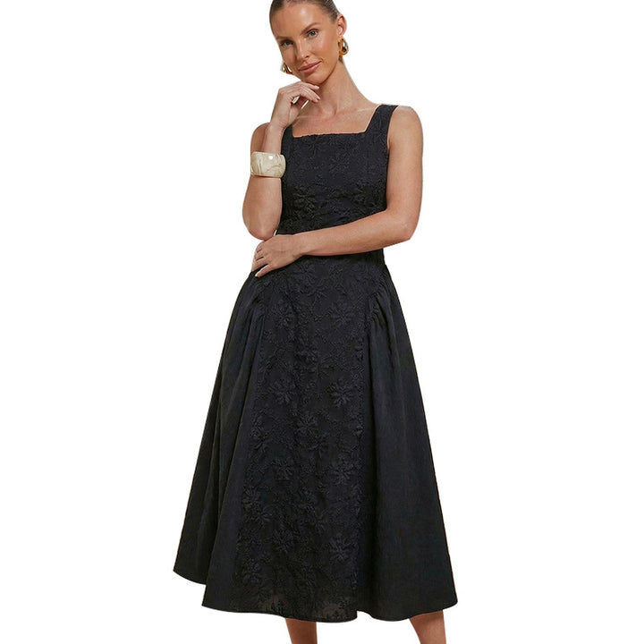 Damen Maxikleid mit floralen Stickereien und weitem Rock Drune