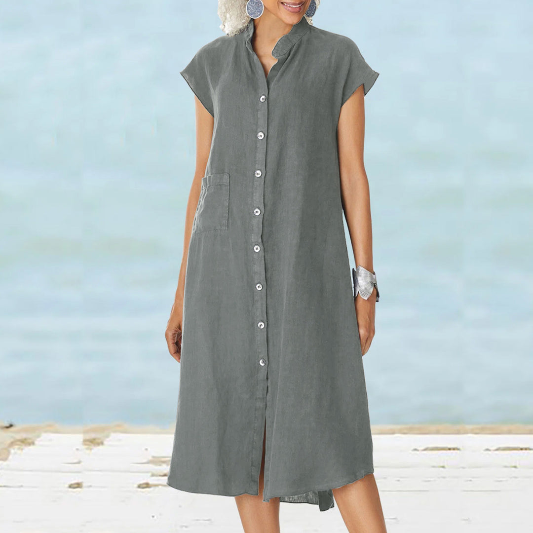 Damen lässiges Midi-Hemdkleid aus Leinen mit Knopfleiste und seitlichen Taschen Drune