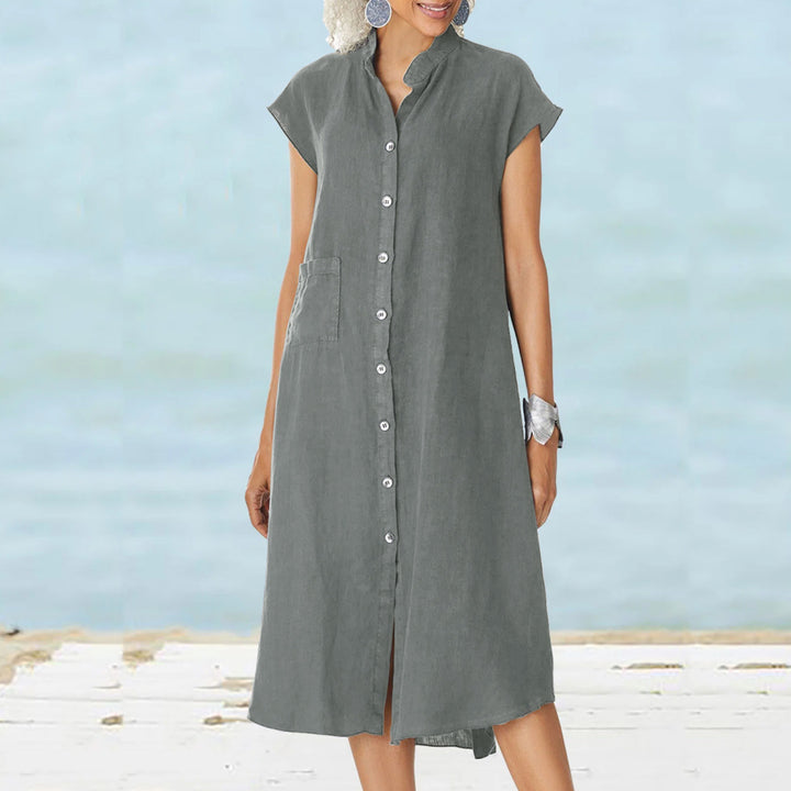 Damen lässiges Midi-Hemdkleid aus Leinen mit Knopfleiste und seitlichen Taschen Drune