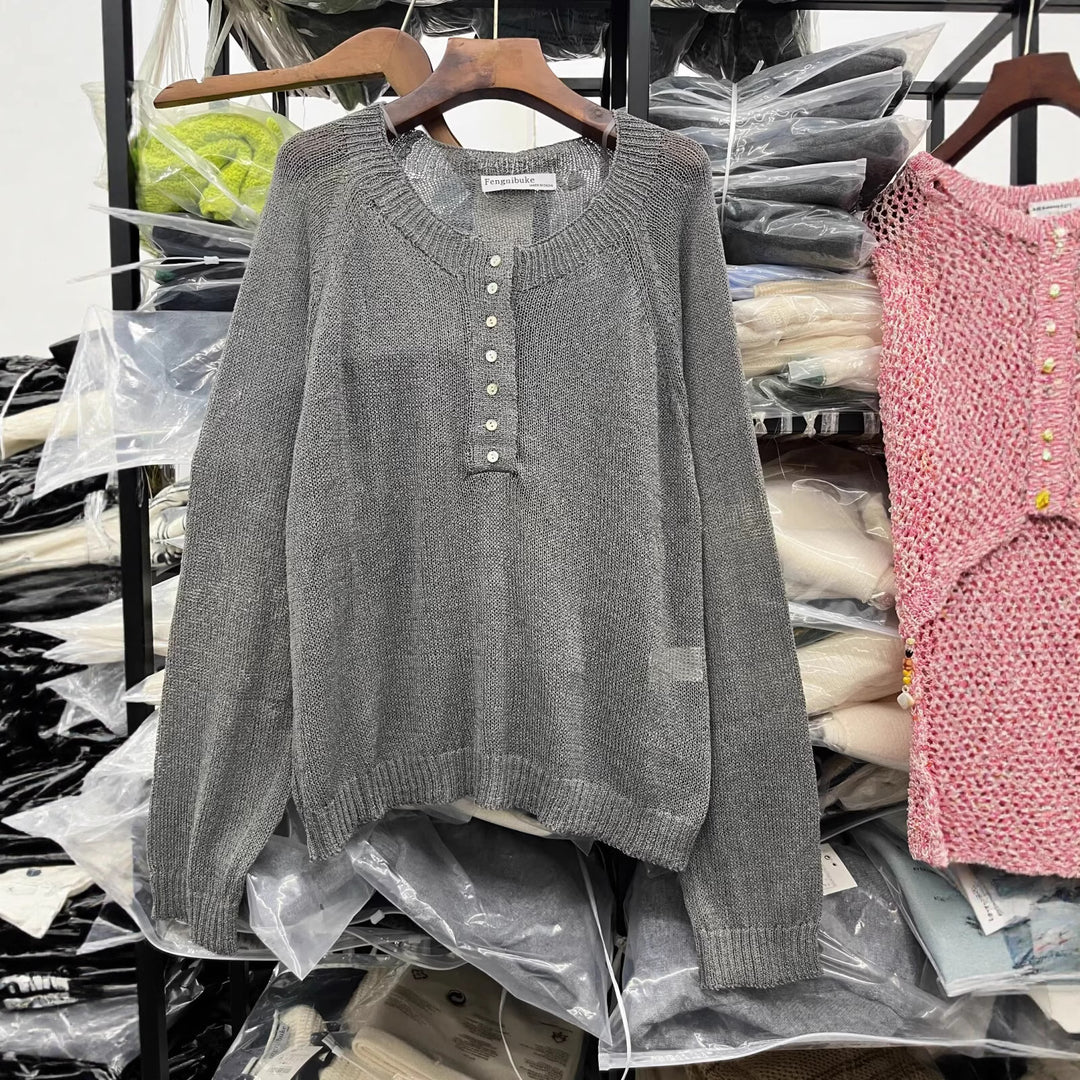 Damen lässiger Pullover mit Knopfdetails Drune