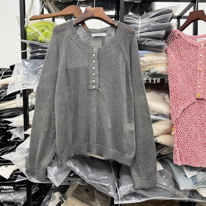 Damen lässiger Pullover mit Knopfdetails Drune