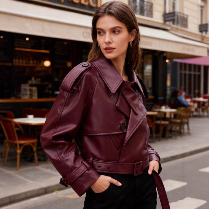 Damen nan cropped Kunstleder-Trench mit Schulterklappen, taillierendem Gürtel und verstellbaren Manschetten Drune