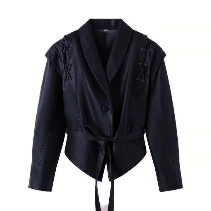 Damen modische Wildlederjacke mit tailliertem Schnitt und Bindegürtel Drune