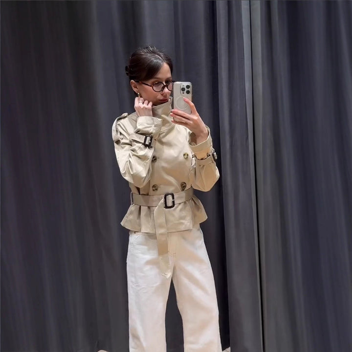 Damen Modischer Trenchcoat mit hohem Kragen und praktischen Seitentaschen Drune