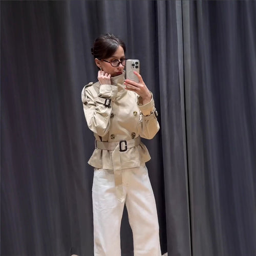 Damen Modischer Trenchcoat mit hohem Kragen und praktischen Seitentaschen Drune