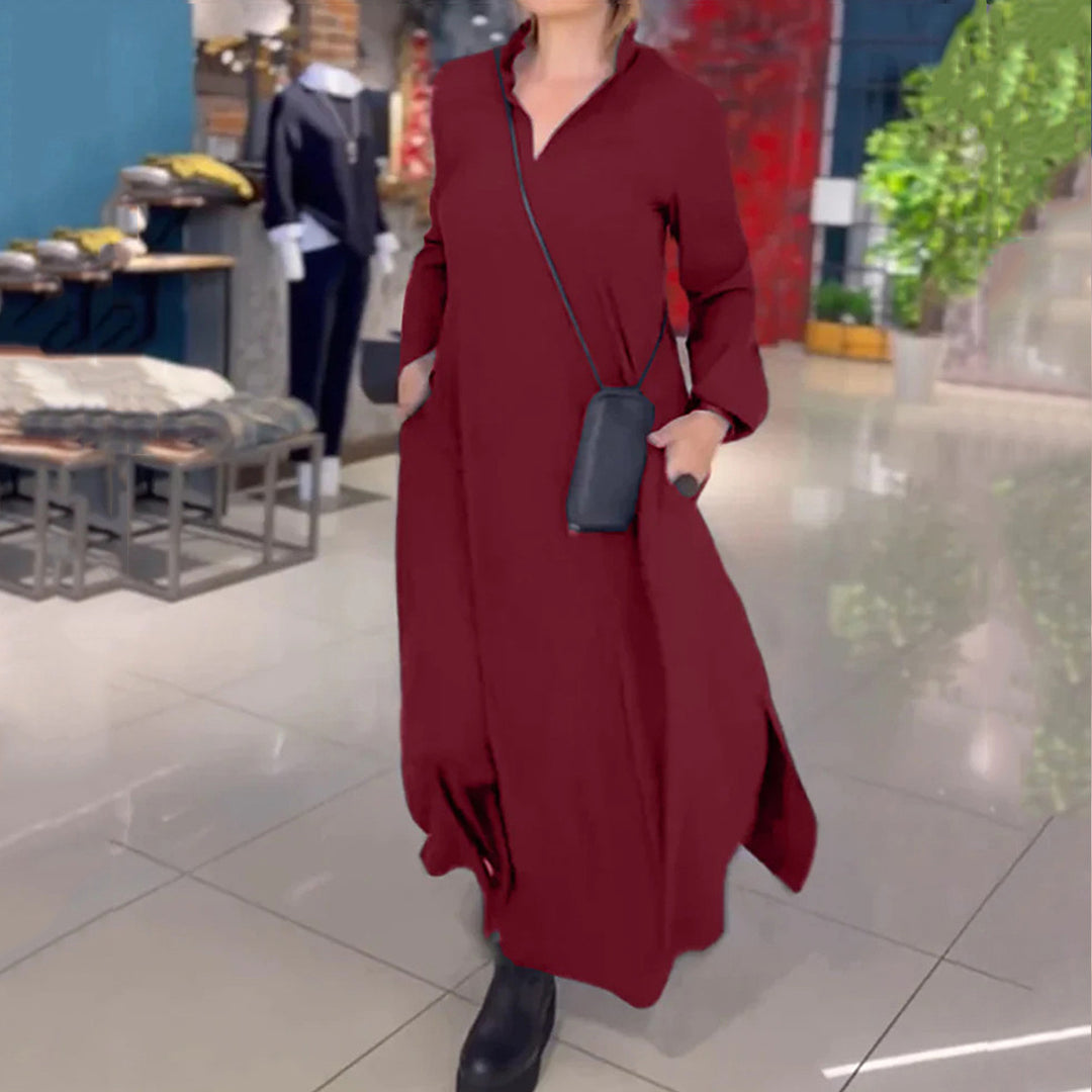 Damen Hemdblusenkleid mit Taschen und Stehkragen Drune