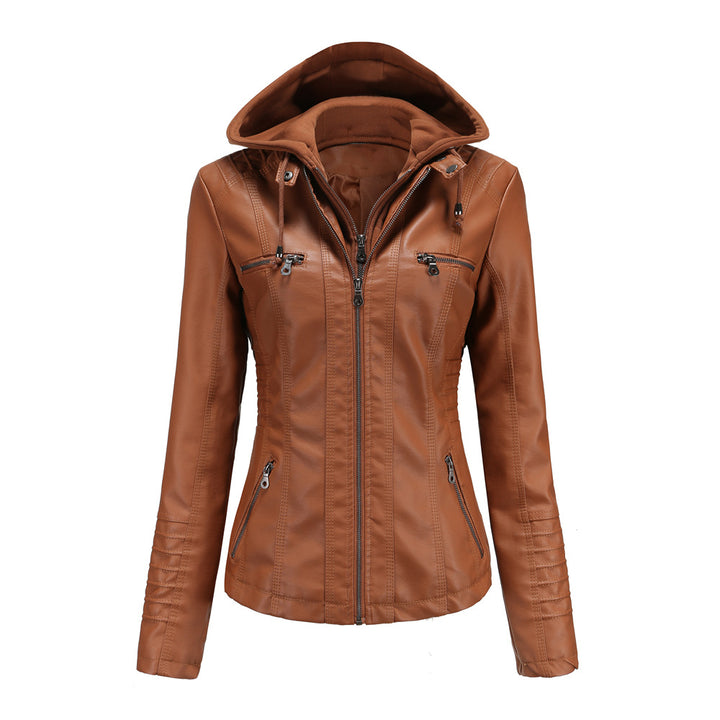 Damen nan taillierte Kunstlederjacke mit Kapuze, gesteppter Armblende und verdeckten Reißverschlusstaschen Drune