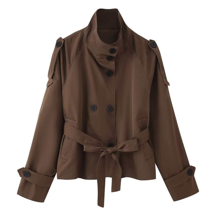 Damen nan kurztaillierte Trenchjacke mit hohem Stehkragen, doppeltreihiger Knopfleiste und taillierbarem Bindegürtel Drune