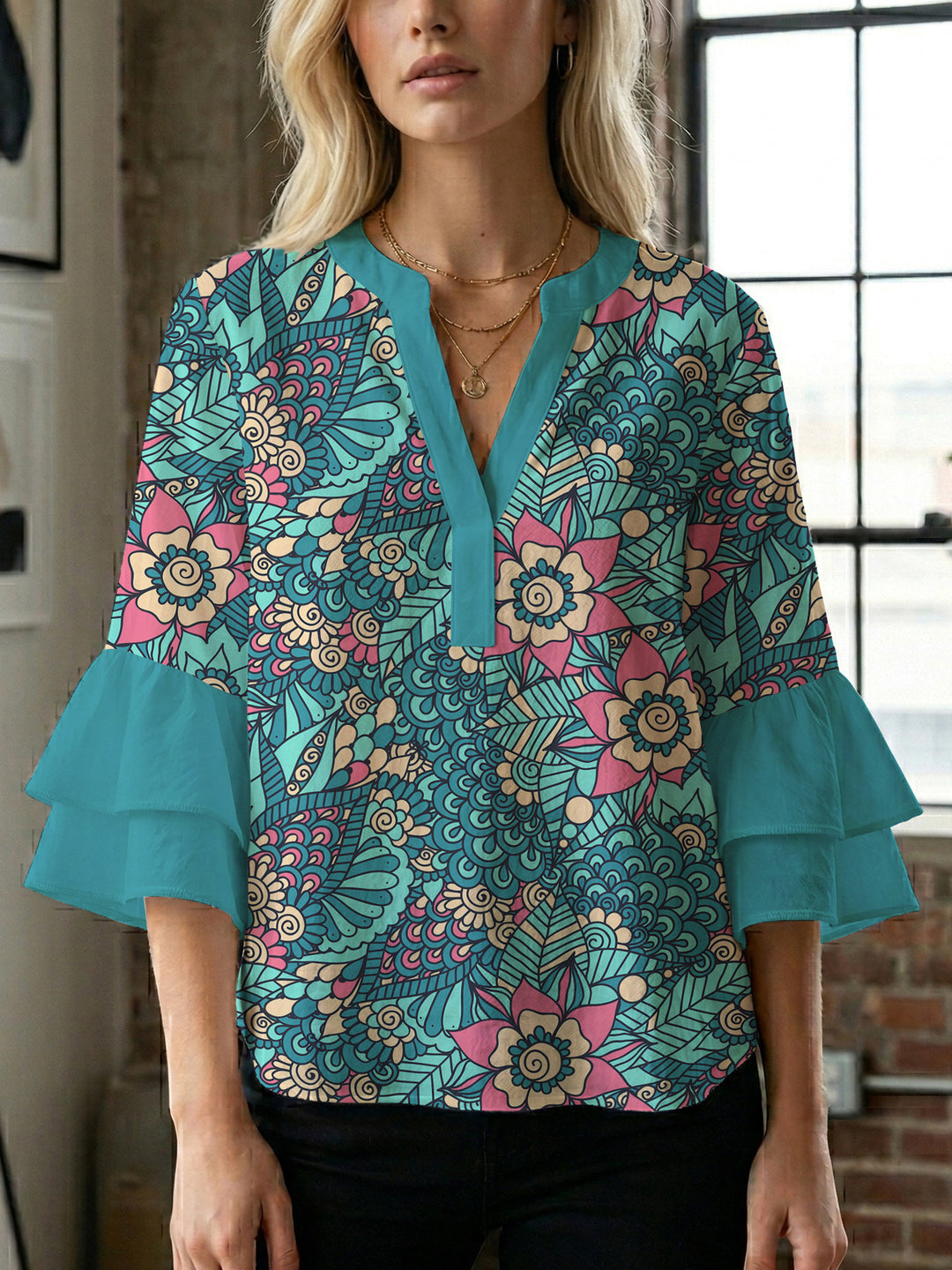 Damen Bluse mit voluminösen Rüschenärmeln und kreativem Floraldesign Drune