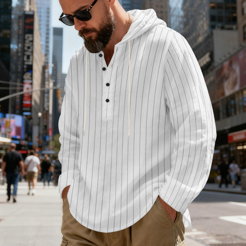 Herren nan gestreiftes Henley-Kapuzenhemd mit Langarm, lockerem Schnitt und Kordelzug Drune