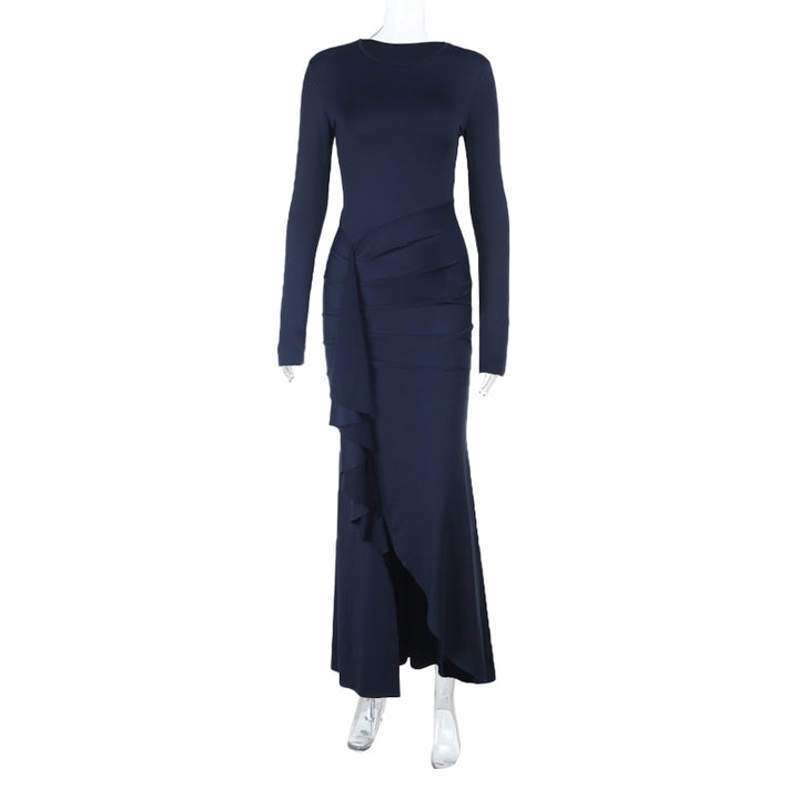 Damen elegantes Maxikleid mit asymmetrischem Rüscheneinsatz und langer Silhouette Drune