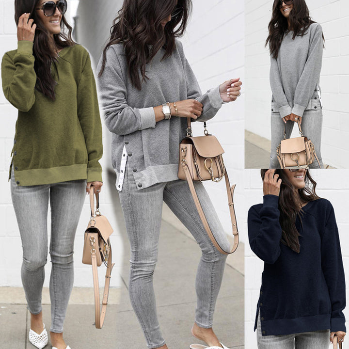 Damen Bequemer Sweatshirt mit Knopfdetails und seitlichen Schlitzen Drune