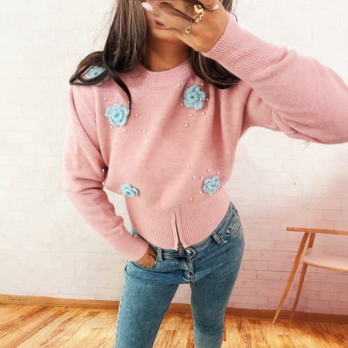 Damen Strickpullover mit floralen Applikationen und glänzenden Perlen Drune
