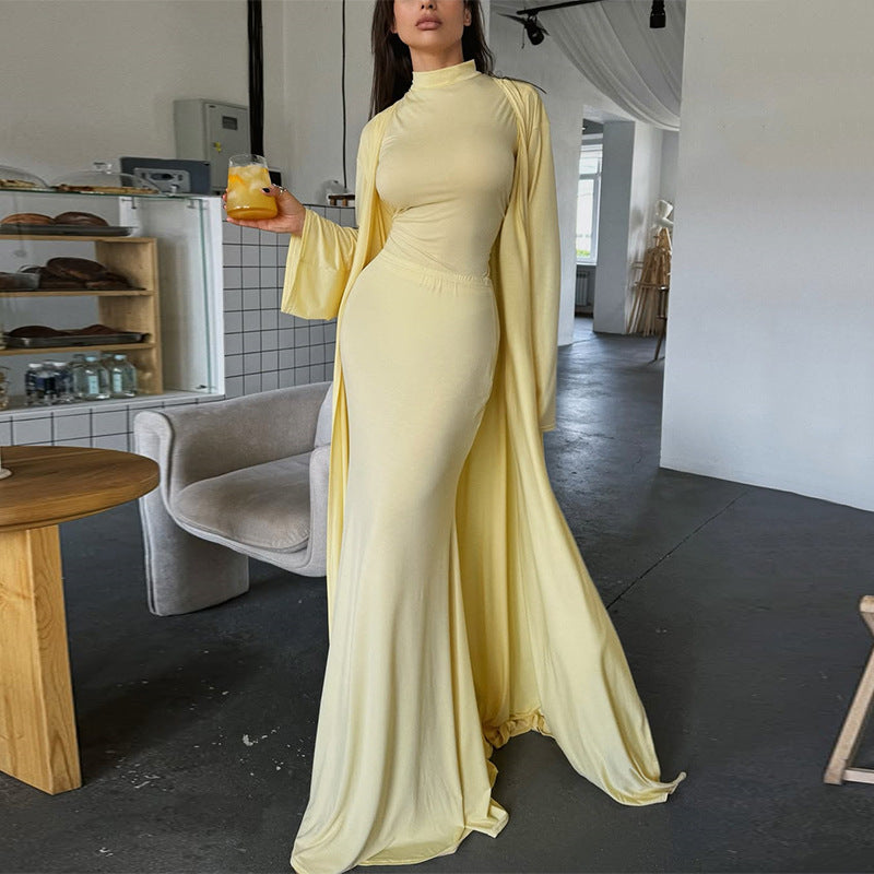 Damen elegantes Maxikleid mit weitem Cape und langen Ärmeln Drune