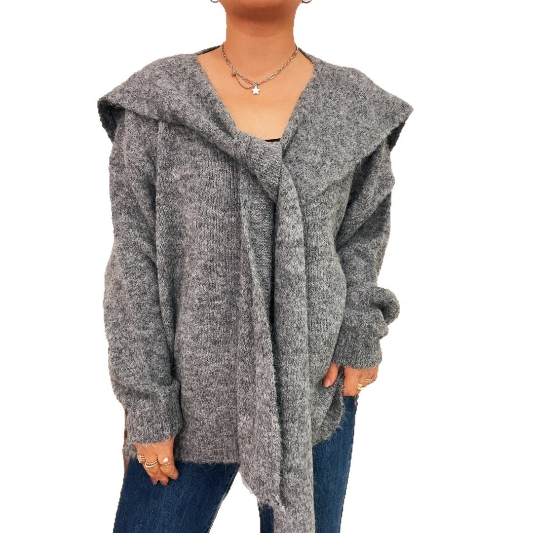 Damen lässiger Strickpullover mit abnehmbarer Kapuze und Knopfdetails Drune