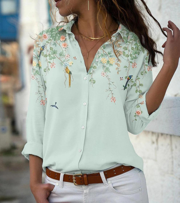 Damen nan leichte Chiffonbluse mit floralem Vogelprint, Knopfleiste und lässigem Schnitt Drune