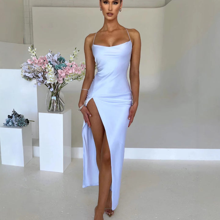 Damen Elegantes Maxikleid mit hochhängendem Schlitz und schmalem Trägerdesign Drune
