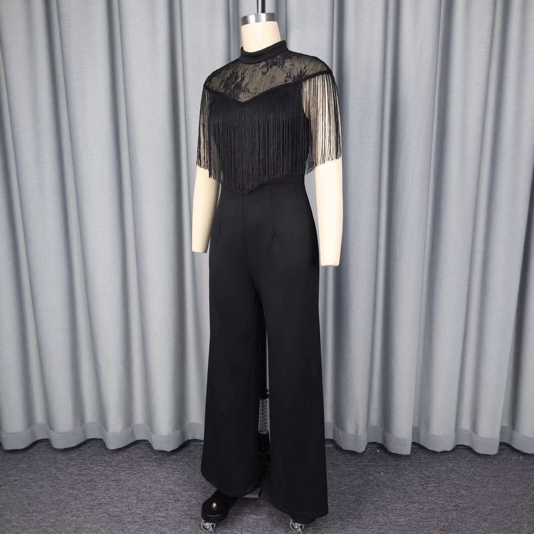 Damen Eleganter Jumpsuit mit schickem Fransen und Spitzenakzenten Drune
