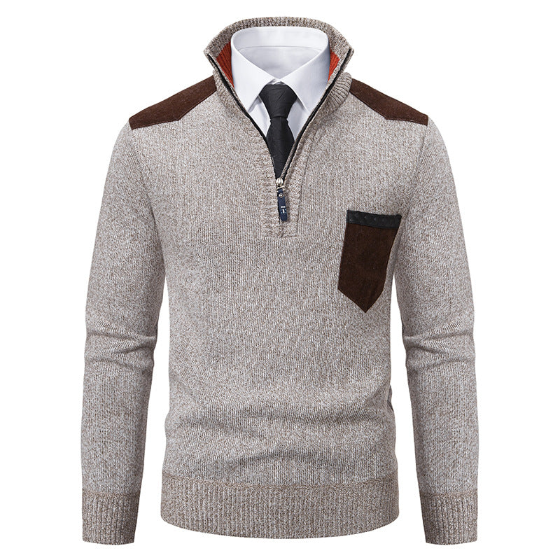 Herren nan Feinstrick-Halbzip-Pullover mit Stehkragen, Brusttasche und Schulterbesatz Drune