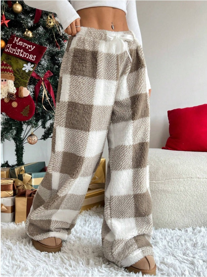 Damen nan kuschelige karierte Fleece-Hose mit Tunnelzugbund und weitem Bein Drune