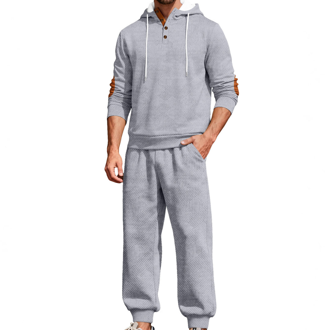 Herren nan strukturiertes Kapuzen-Joggingset mit Henley-Knopfleiste und Kontrast-Ellenbogenpatches Drune
