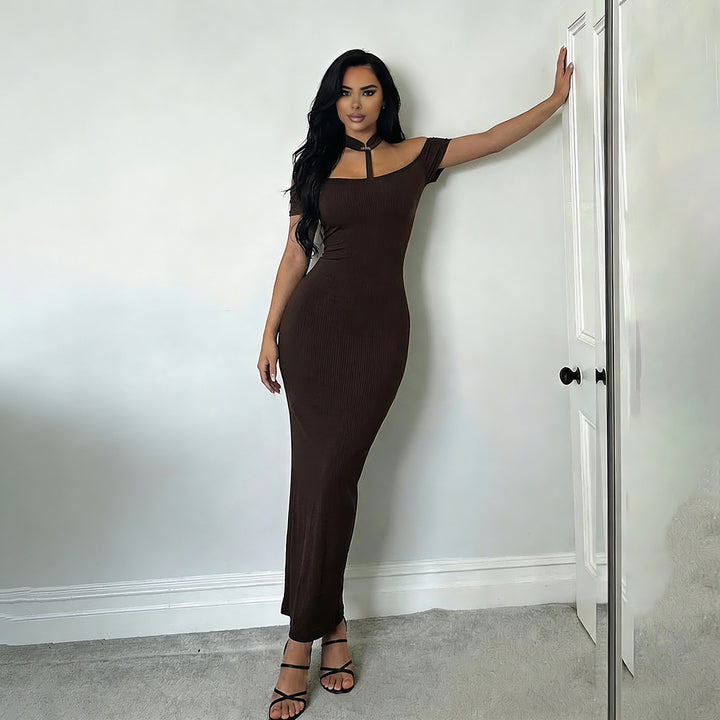 Damen Off-Shoulder Maxikleid mit elegantem Choker Drune