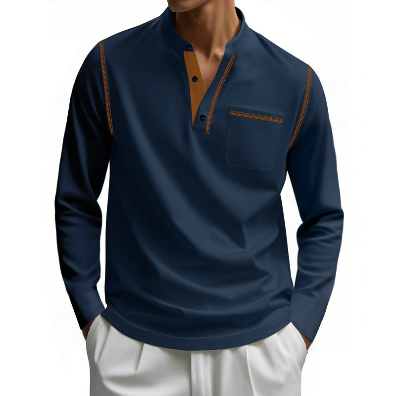 Herren nan Henley-Langarmshirt mit Stehkragen, Brusttasche und kontrastierenden Ziernähten Drune