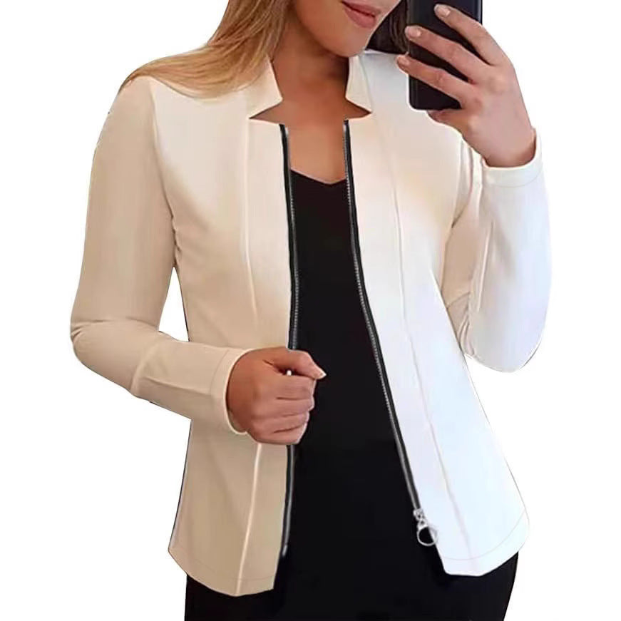Damen modische und elegante Bikerjacke mit figurbetonendem Schnitt und hohem Kragen Drune