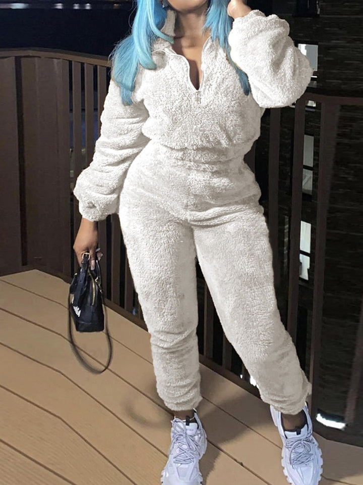 Damen nan kuscheliges Teddy-Lounge-Set mit Halbzip und Highwaist-Jogger Drune