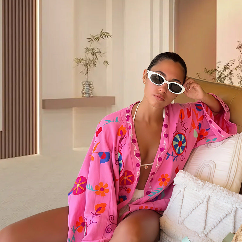 Damen Strandkimono mit buntem Blumenmuster und lässigem Schnitt Drune
