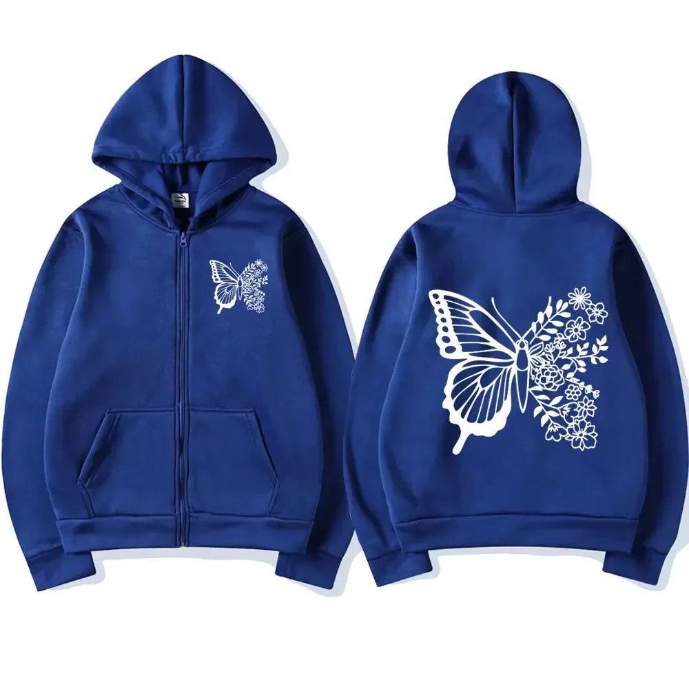Damen Kapuzenpullover mit floralem Schmetterlingsmotiv und praktischer Kängurutasche Drune