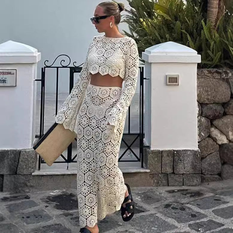 Damen Cropped Häkel-Oberteil und Maxi-Rock Set Drune