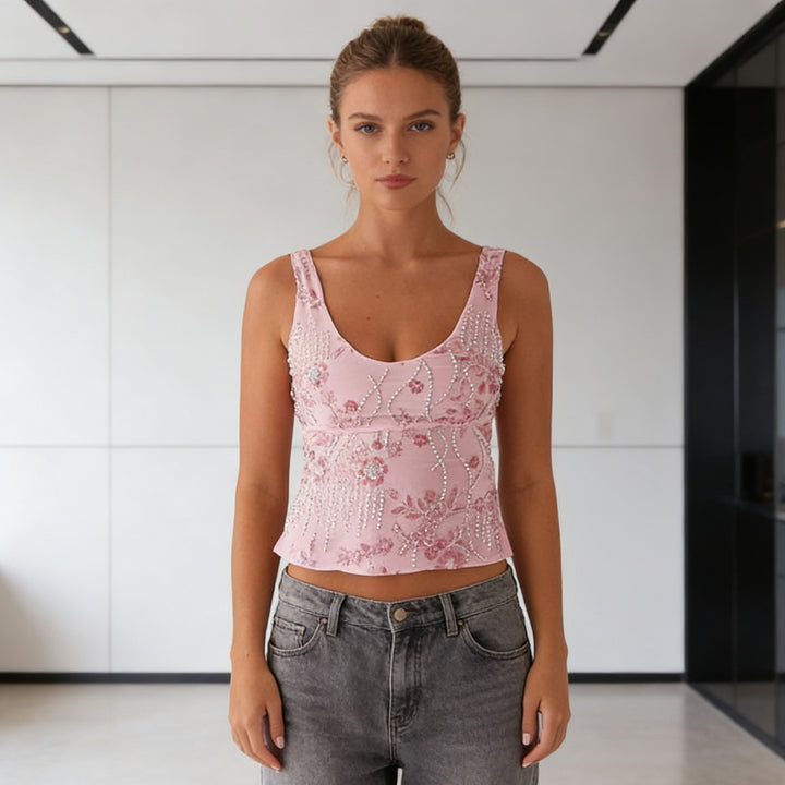 Damen Glamouröses Top mit funkelnden Stickereien und schmalen Trägern Drune