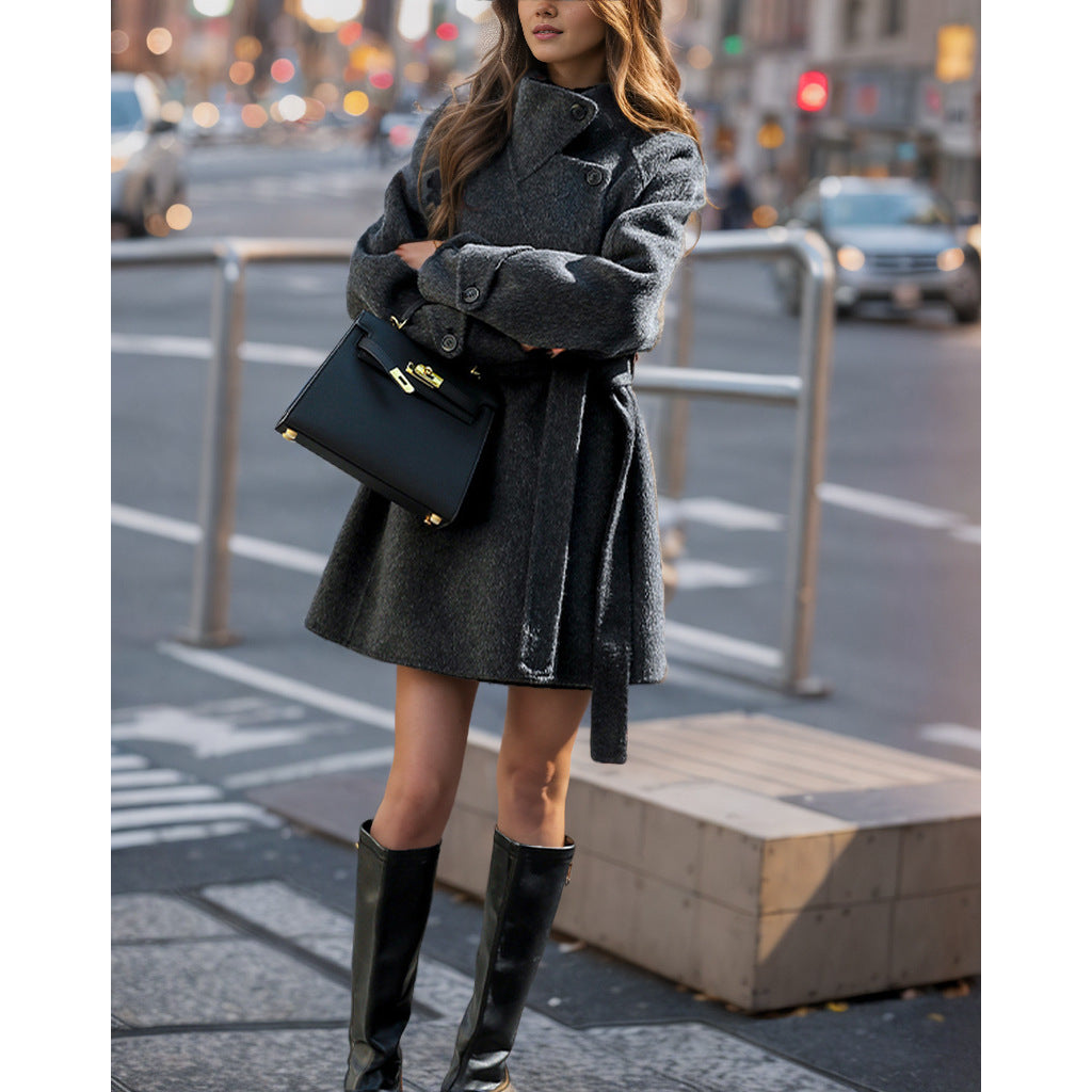 Damen Modische Übergangsjacke mit Gürtel und hochschließendem Kragen Drune