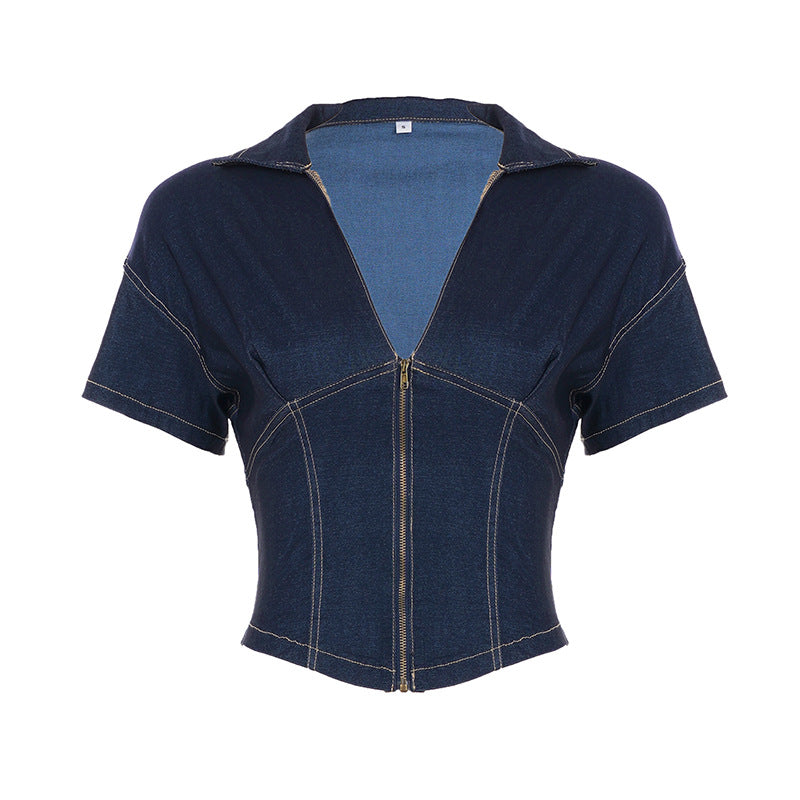 Damen Kurzarm Denim-Jacke mit teilbarem Reißverschluss und modischem Schnitt Drune