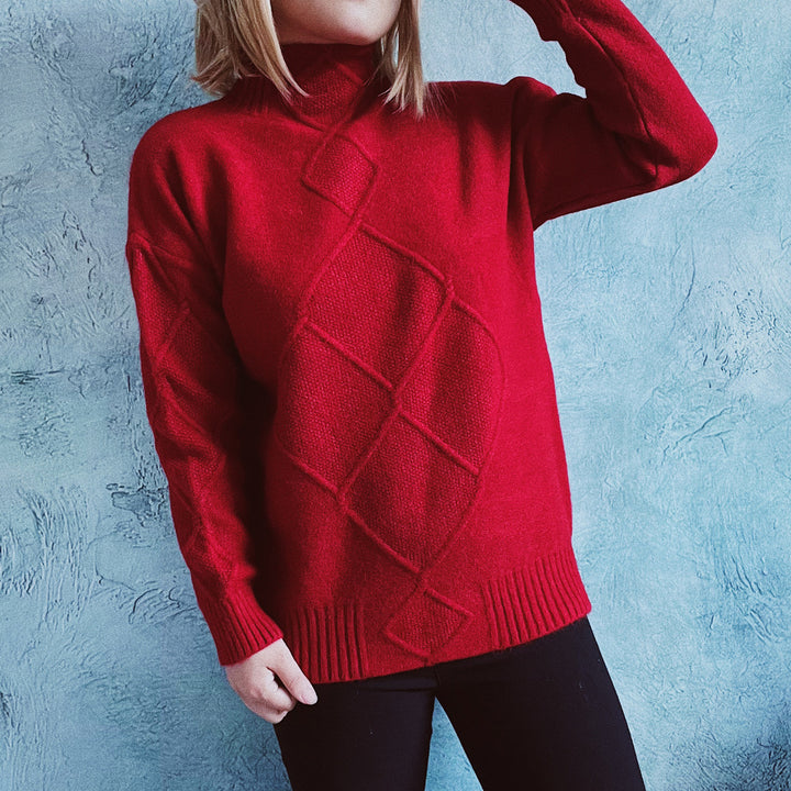 Damen Grobstrickpullover mit elegantem Rautenmuster und hohem Kragen Drune