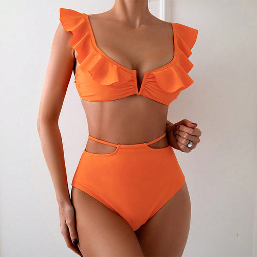 Damen Bikiniset mit voluminösen Rüschendetails und hohem Taillenschnitt Drune