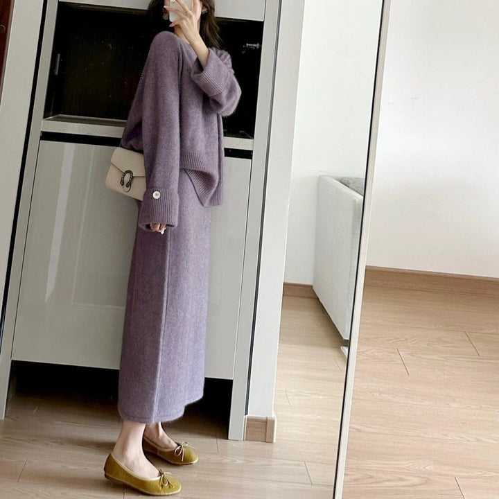 Damen gemütliches Strickensemble mit Pullover und Maxi-Rock Drune