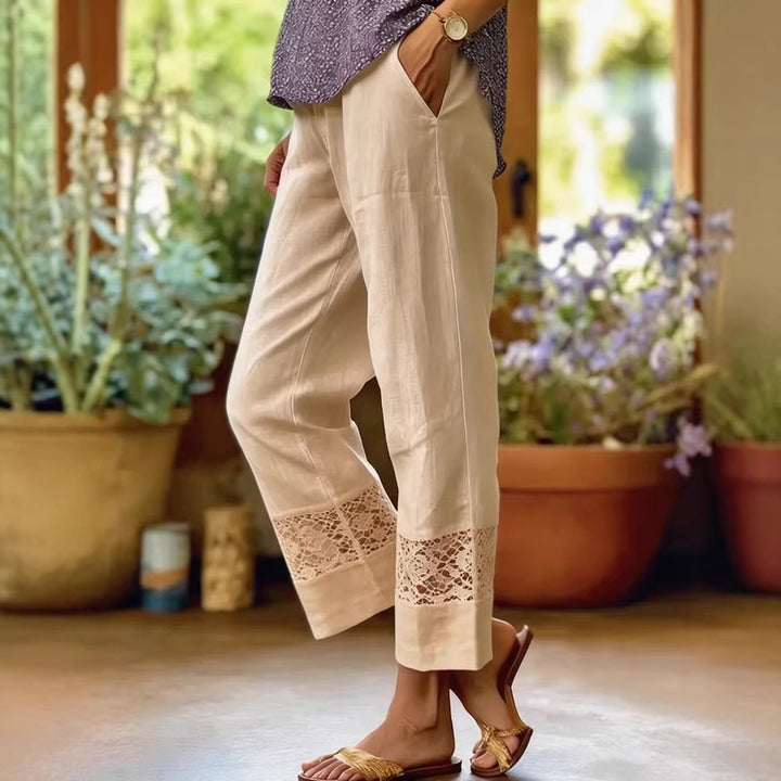 Damen Elegante Leinenhose mit Spitzenakzenten Drune