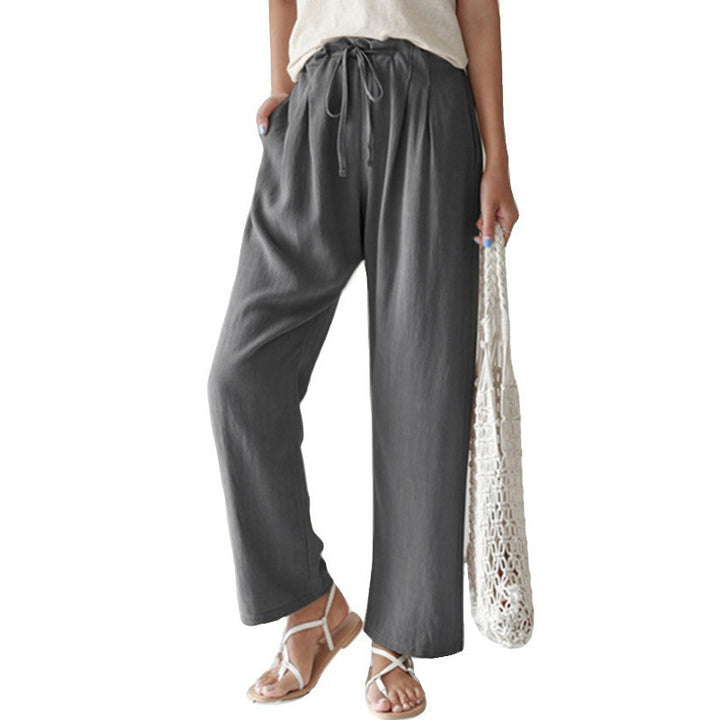 Damen nan lässige Leinenhose mit weitem Bein, elastischem Bund und Seitentaschen Drune