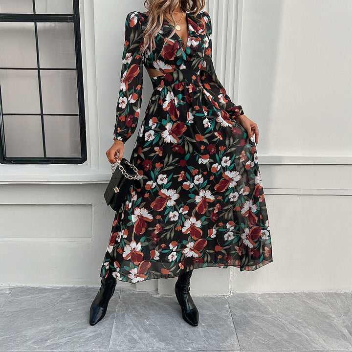 Damen nan luftig-fließendes Chiffon-Maxikleid mit Taillen-Cutouts, Rüschen-V-Ausschnitt und langen, transparenten Ärmeln Drune