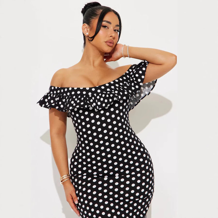 Damen Elegantes Maxikleid mit Rüschendetails und Polka-Dots Drune