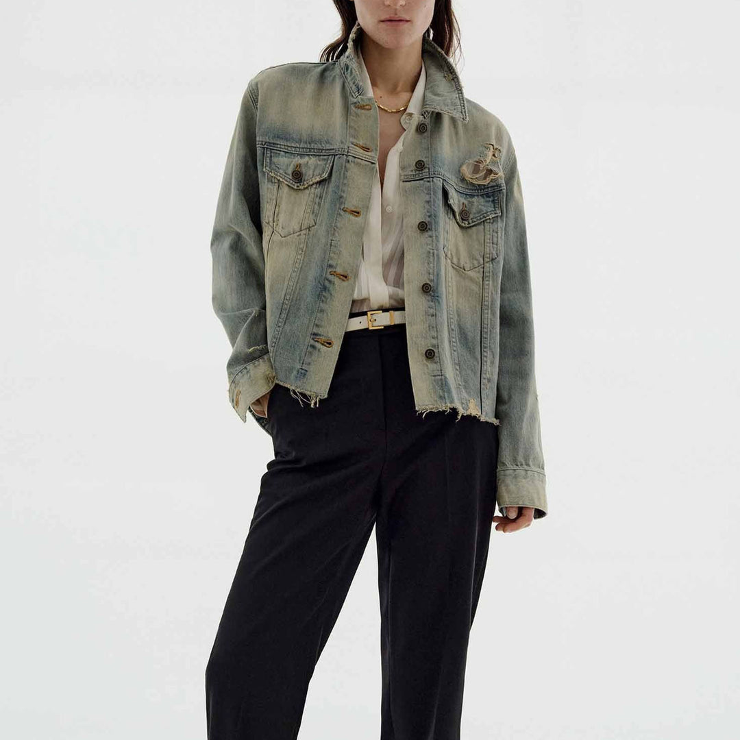 Damen modische Denimjacke im Vintage-Stil mit lässigem Schnitt und fransigen Details Drune