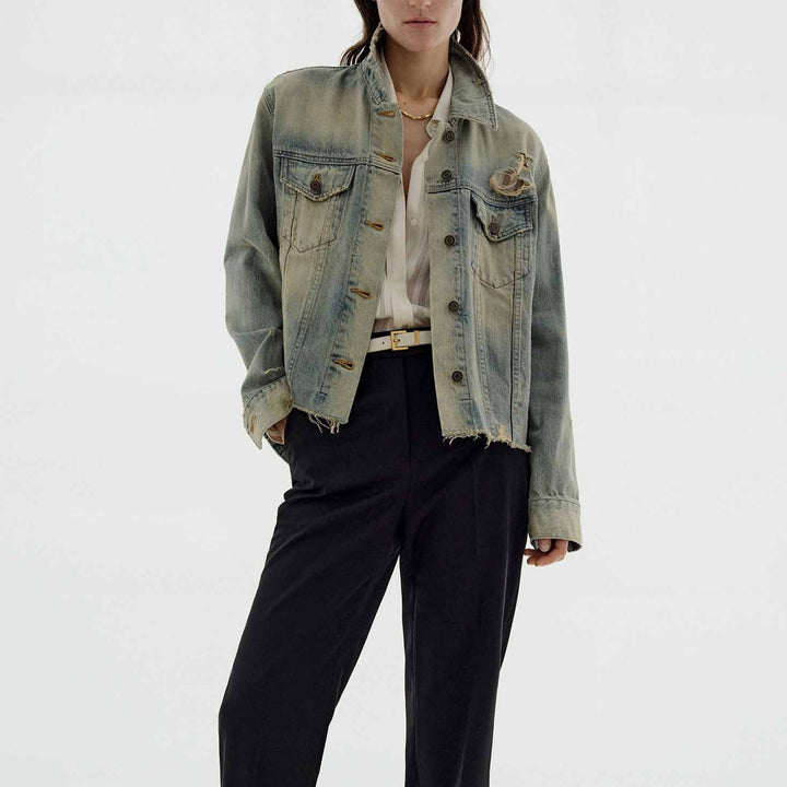 Damen modische Denimjacke im Vintage-Stil mit lässigem Schnitt und fransigen Details Drune